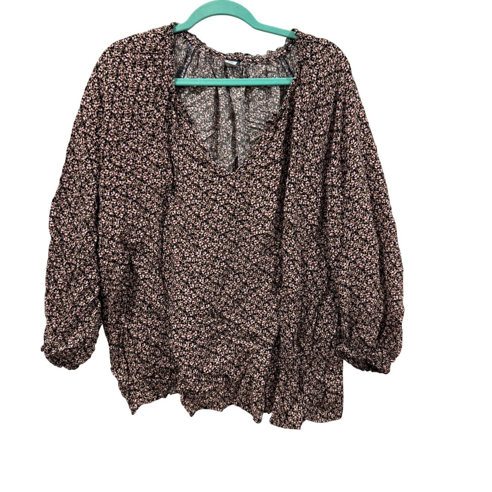 Old Navy Womens 4X Ditsy Floral Peasant Blouse Navy Pink Long Sleeve Rayon Top